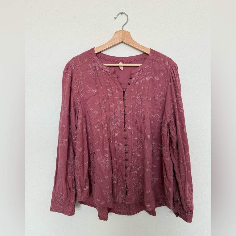 Anthropologie Long Sleeve Shirt Embroidered Mauve Size Large - Picture 2 of 8